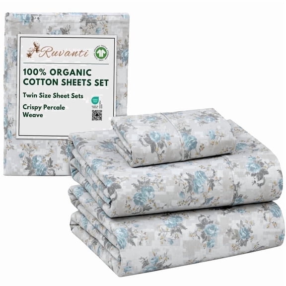 RUVANTI 100% Organic Cotton Sheets - Twin Sheet Set - 3 Piece Percale Weave Bedding, Crisp, Cooling & Breathable, Soft & Durable, 16" Deep Pocket, Hotel Quality Sábanas - Blue Rose
