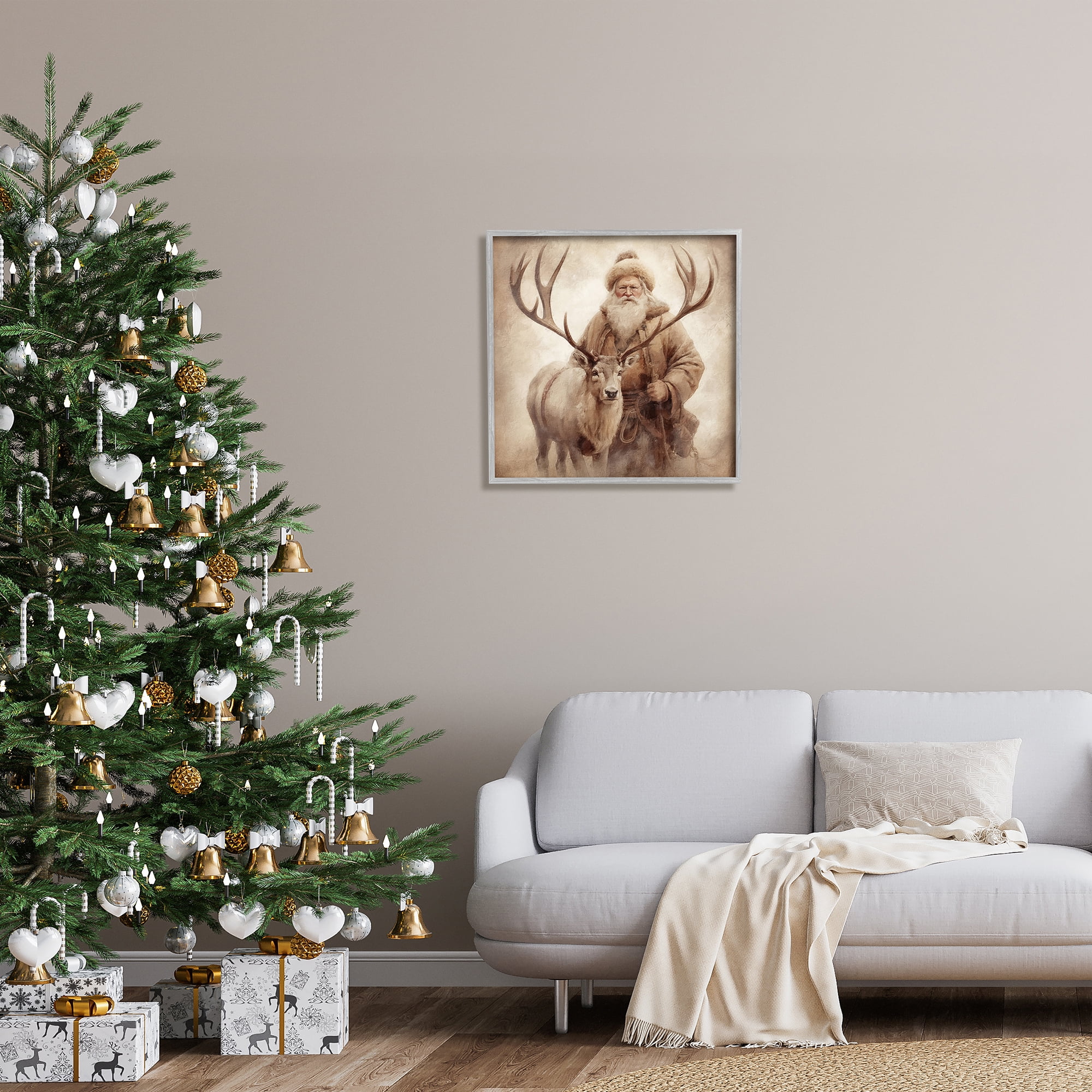 Stupell Industries Traditional Santa & Reindeer Holiday Painting Gray Framed Art Print Wall Art, 24 x 24