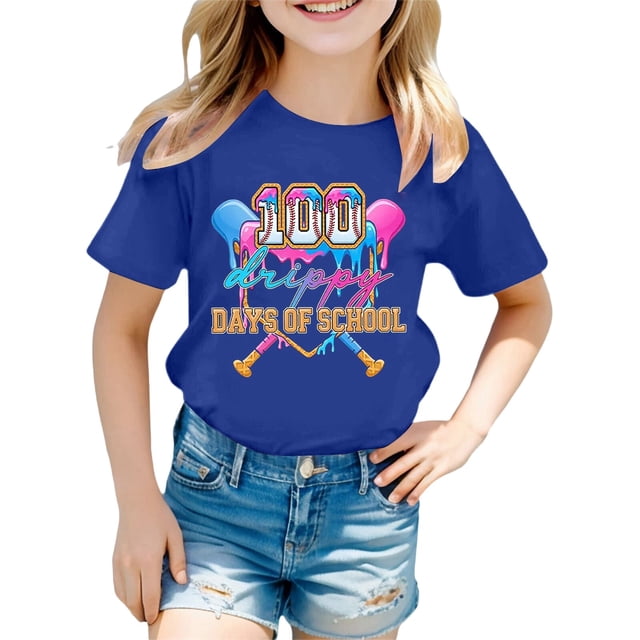 Rhuody Hauts pour Fille T-Shirt à Col Rond Imprimés de Dessins Animés T-Shirt Manches Courtes Hauts Rétro Tenue d'Été 6-7 Ans Bleu