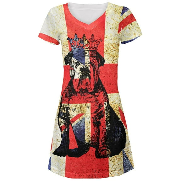 English British Bulldog Crown Grunge Flag All Over Juniors Beach Cover-Up Dress