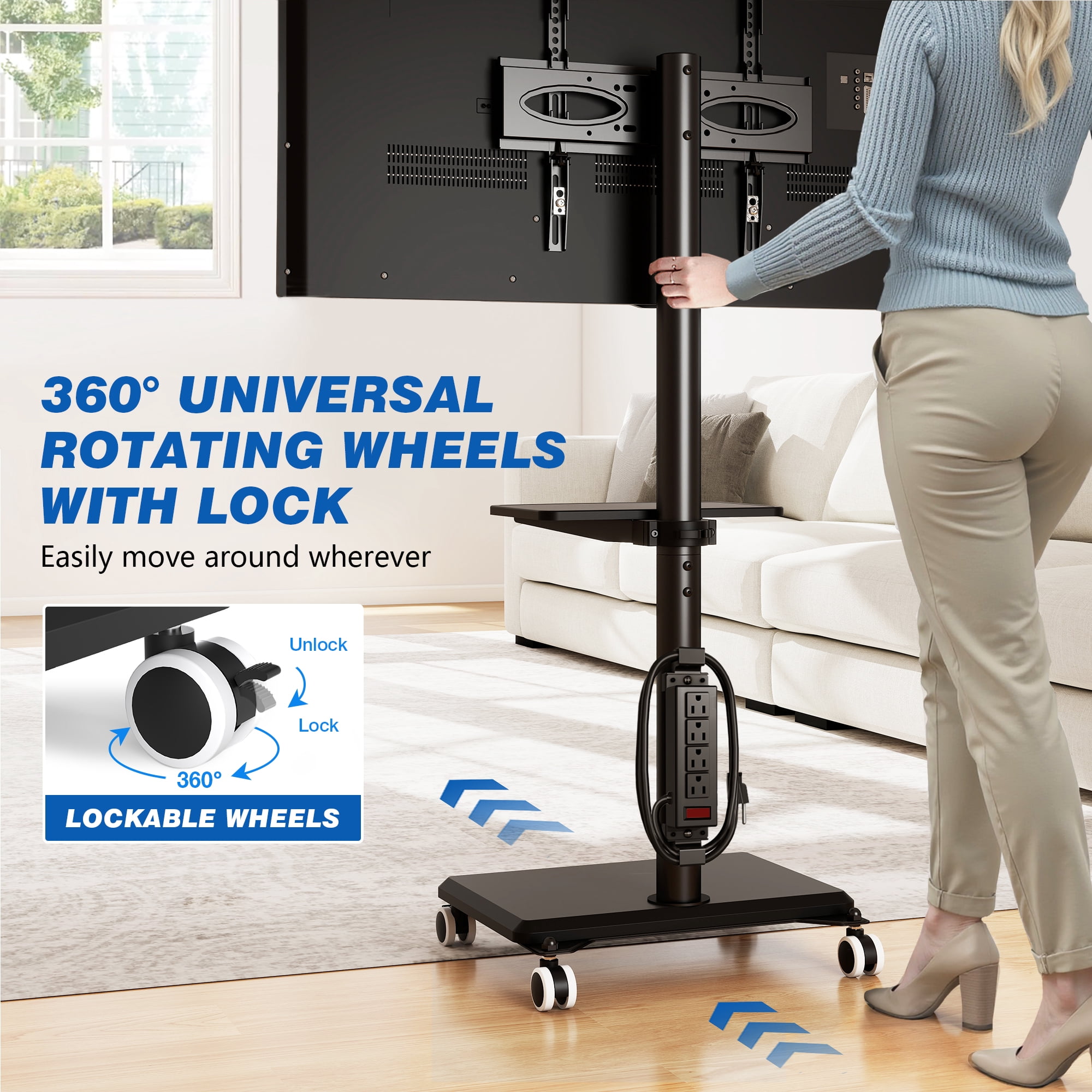 RTVR Sleek Rolling TV Stand with Power Outlet, Strong Tall Mobile TV Cart with Mount Up to 88 lbs, Height Adjustable Portable TV Stand on Wheels for 32-60 Inch TVs, Black