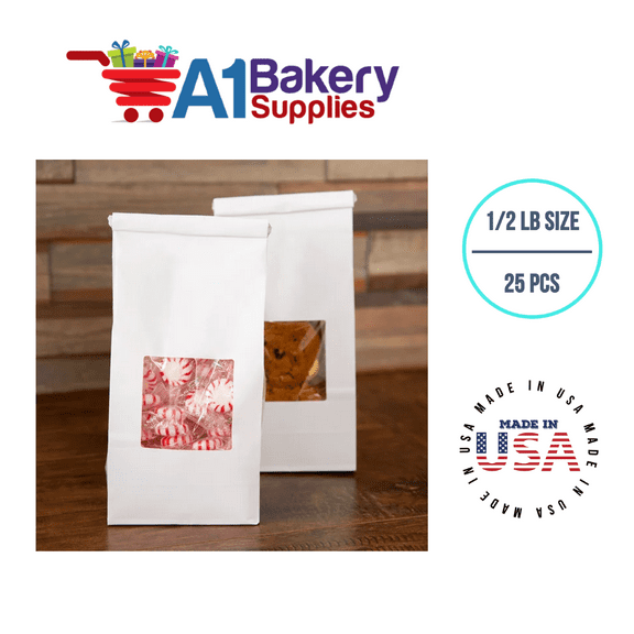 Bakery Bags Paper Bags Tin Tie Tab Bags Cookie Bags, Coffee Bags Tin Tie Bags (1/2 LB 25 Pack White with Square Window)