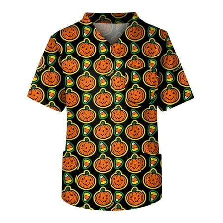 

Bazyrey Halloween Scrub Tops for Women Plus Size Halloween Printed Scrub Working Uniform Tops For Men s Cross V-Neck Short Sleeve Fun T-Shirts Workwear Tee With Pockets Yellow 4XL