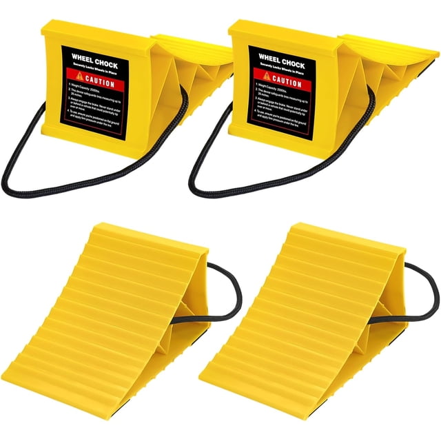 Wheel Chocks for RV Trailer, 4 Pack Non Slip Wheel Chocks for Travel Trailers with Rope for Easy Removal, Lightweight Plastic Wheel Stoppers Block for Camper Cars Trucks
