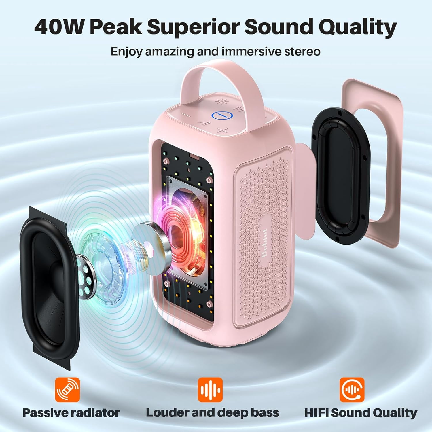 Bobtot Portable Bluetooth Speaker RGB Music Sync Ambient Light Portable Home Family Karaoke With Microphone Magic Voice,Deep Bass,Supports AUX,USB,FM Indoor Outdoor Party Singing Player（Pink）