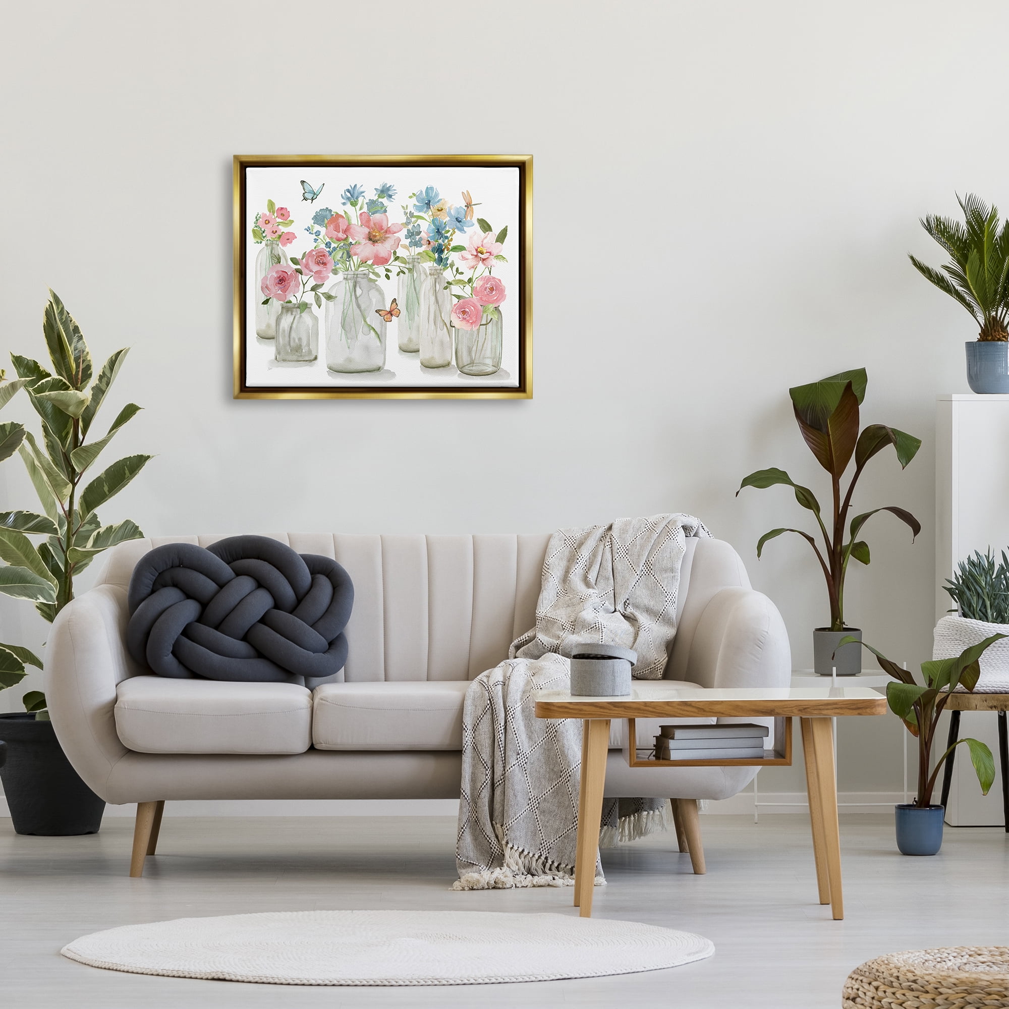 Stupell Industries Pink & Blue Flowers Botanical & Floral Painting Gold Floater Framed Canvas Art Print Wall Art, 31 x 25