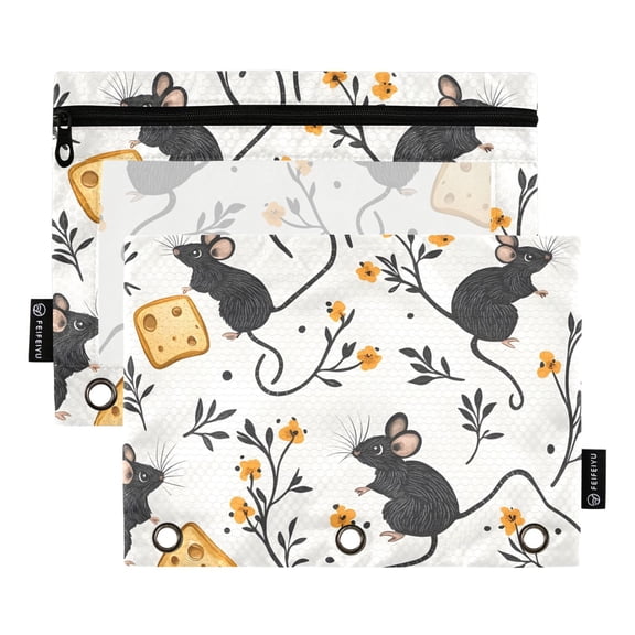 ALAZA 2 Pack Pencil Pouch Cute Mouse Rat Pencil Case for 3 Ring Binder Clear Window Pencil Bag Organizers