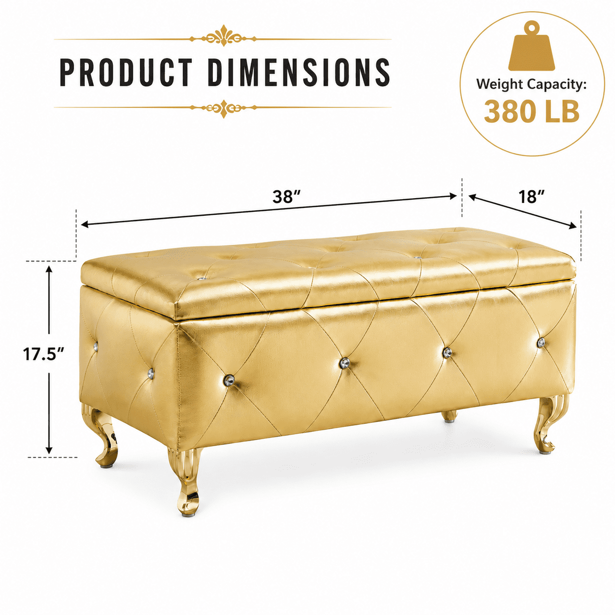 Aukfa 38" Upholstered Storage Ottoman Bench with Hidden Storage, Crystal Tufted Faux Leather Bed Bench, 380 lb, Gold