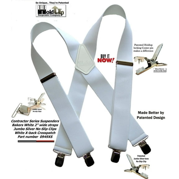 Holdup Suspender Contractor Series Bakers White 2" Wide X-back Suspenders with silver jumbo no-slip clips