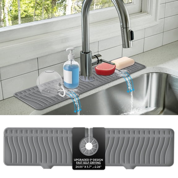 ODRAGO Silicone Kitchen Sink Splash Guard - 24.01 Inch Faucet Mat for kitchen Sink Water - Longer Faucet Handle Drip Catcher Tray-Sink Guard for Kitchen Sink (Grey)