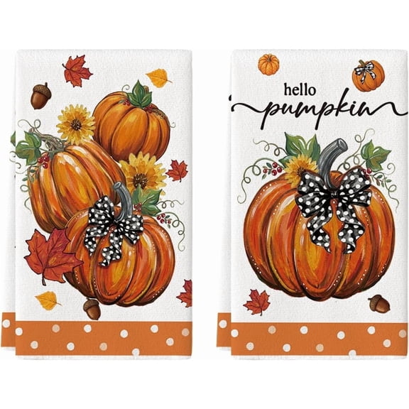 Hello Pumpkin Bow Sunflowers Fall Kitchen Towels Dish Towels, 18x26 Inch Farmhouse Autumn Thanksgiving Decoration Cleaning Set of 2