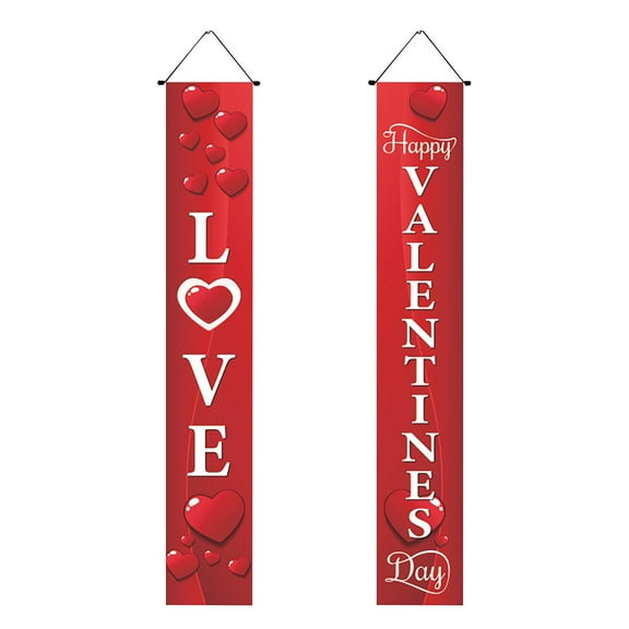 Valentine's Day Couplet Banner Porch Decoration Hanging Flag Welcome Sign for Front Door Home Holiday Decor Romantic Pull String Wall Hanging Festival Gift