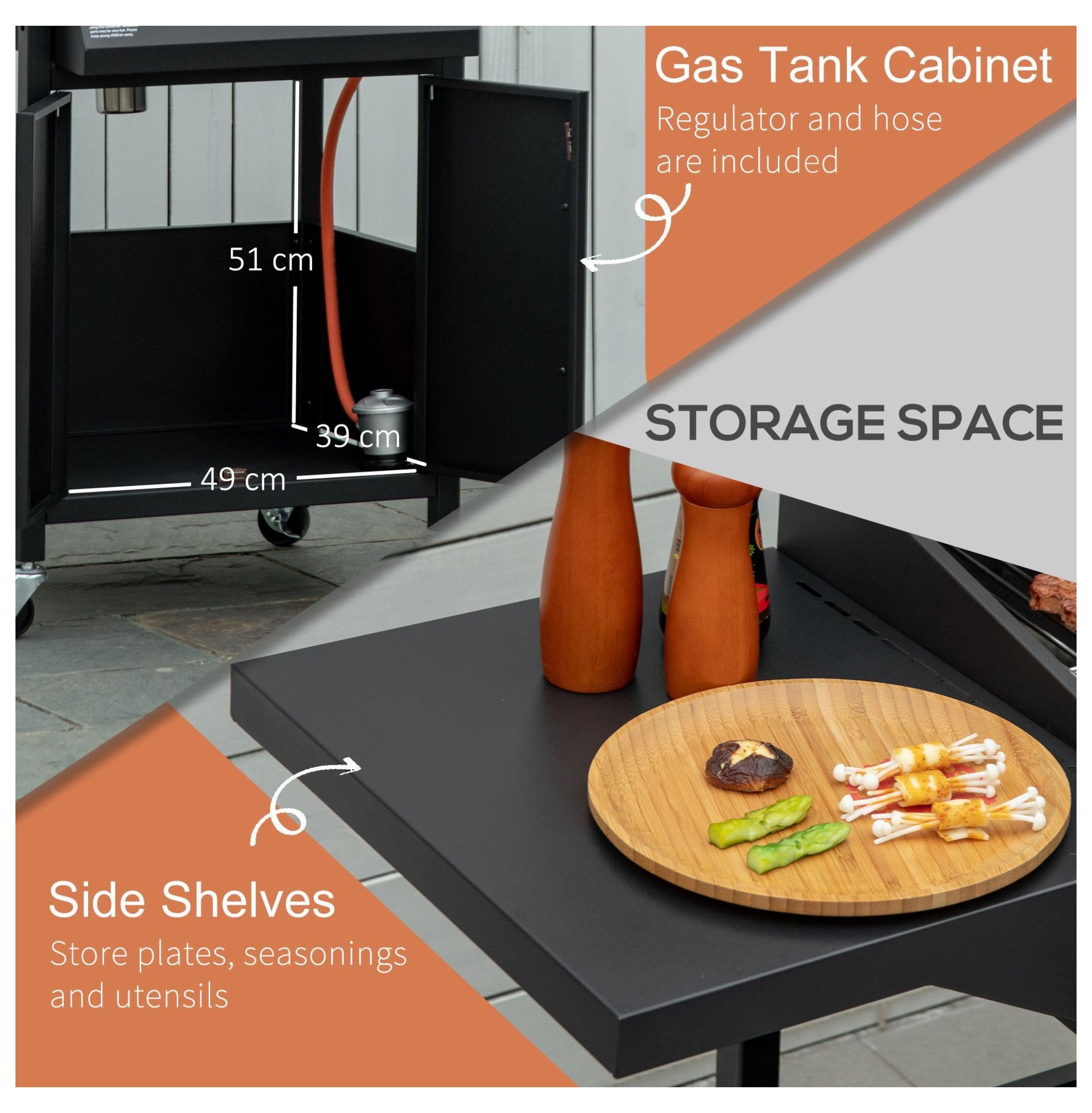 3 Burner Gas Grill Portable BBQ Trolley with Wheels Black - Outdoor Propane Grill for Patio & Camping
