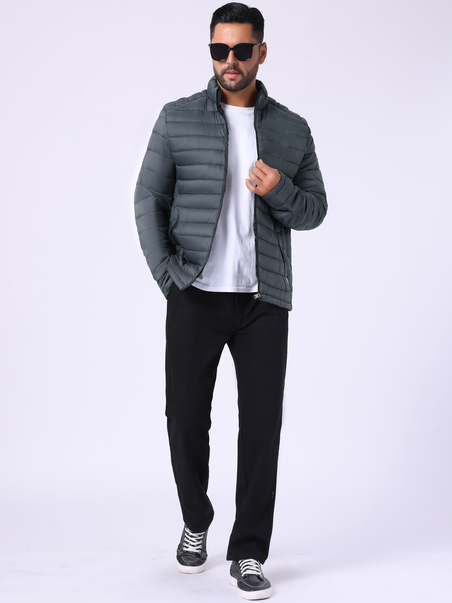 DARING DIVA Men's Winter Solid Stand Collar Zipper Quilted Puffer Jacket XL Gray