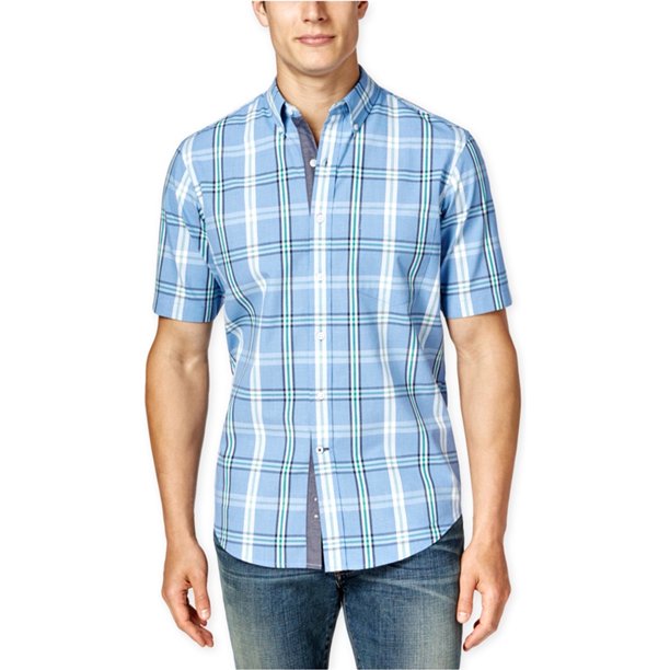 Club Room - Camisa con botones y bolsillo a cuadros para hombre, azul, mediano