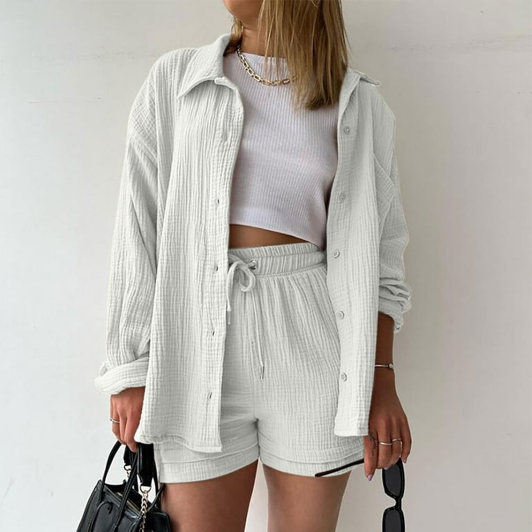 REORIAFEE Two Piece Outfits for Women Sweatsuits Sets Casual Sports Suit  Jogging Tracksuits Women's Summer Two Piece Neck Long Sleeve Shirt High  Waist Drawstring Shorts Casual Set White XXL 