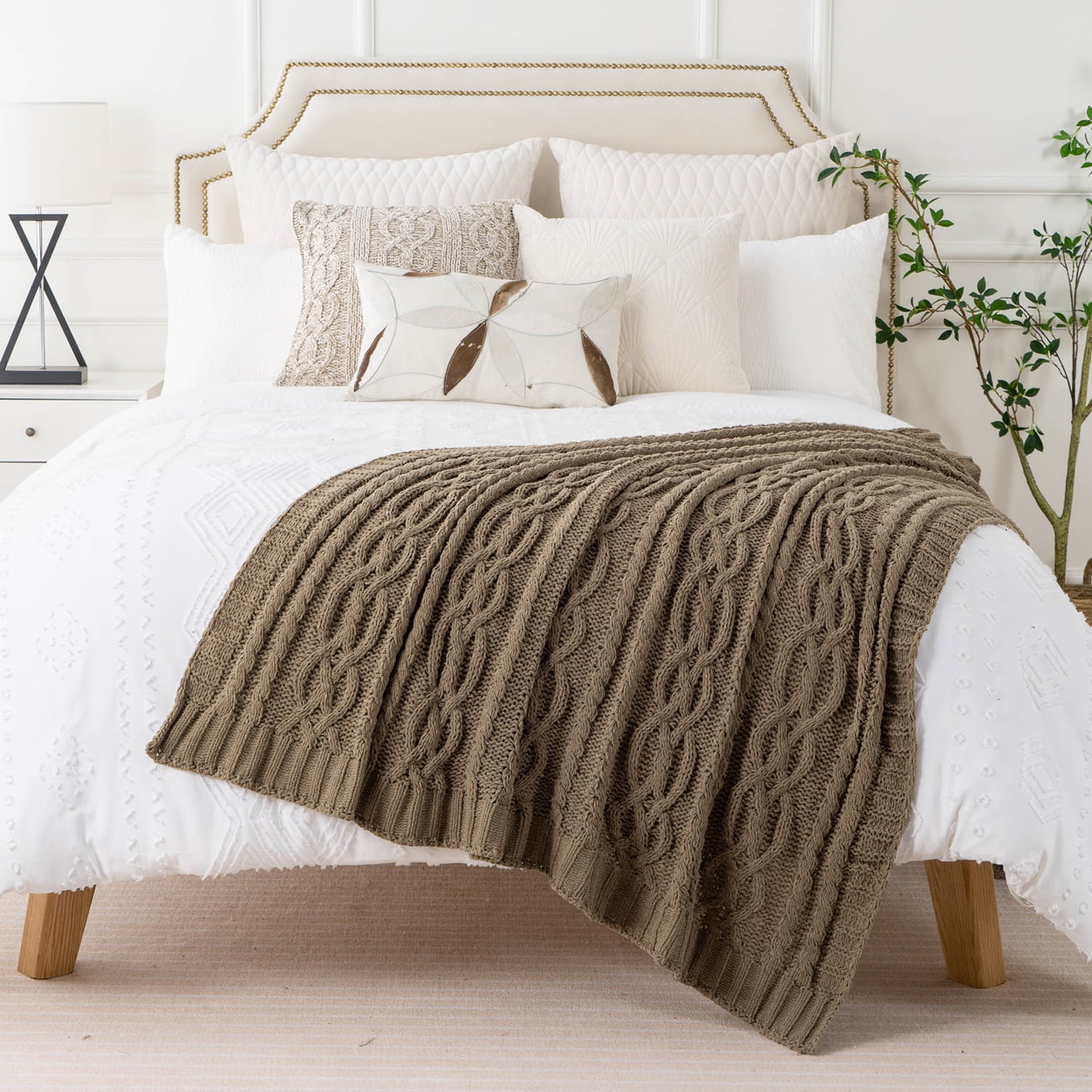 Battilo Camel Throw Blanket,Woven Chenille Cable Knit Blanket,Living Room Decor,51"x67"