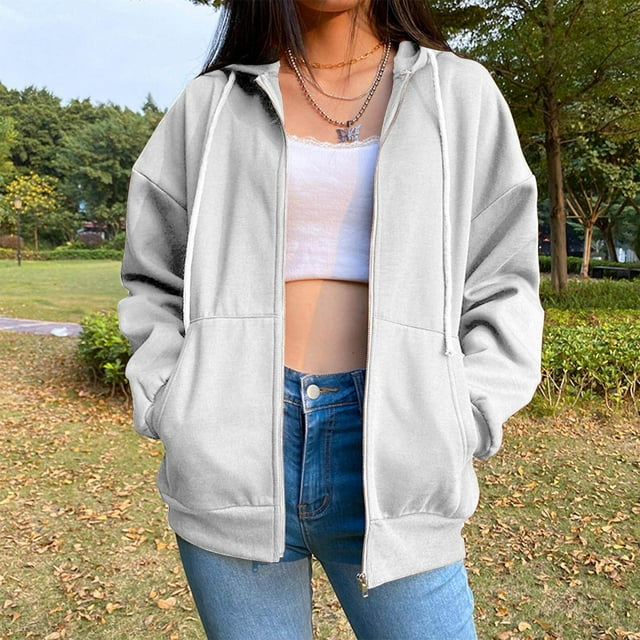 pitrice de Couleur Unie Coton Mélange Veste à Capuche Ample Top Beige XL