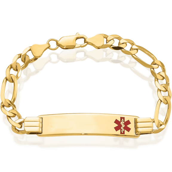 14K Solid Yellow Gold Medical Alert Figaro Link Name Bar Identification ID Bracelet