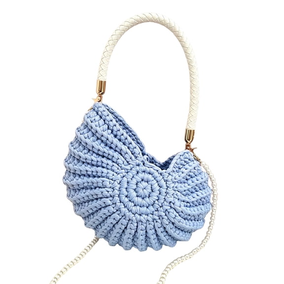 AOMRCOL Bohemian Style Crocheted Seashell Crossbody Bag, Hand-Woven Ocean Shell Handbag with Pearl Chain Shoulder Strap, Suitable for Summer Beach Vacation Handbag (Blue)
