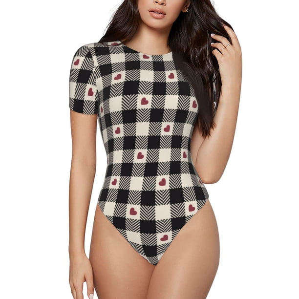 Fotbe Black Plaid Heart Body de Mujer con Cuello Redondo y Mangas Cortas, Sin Mangas Ajustado, Suave, Cómodo y Básico-XX-Large
