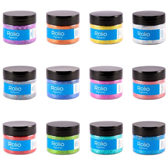 Rolio Holographic Glitter - Craft Glitter for Resin, Makeup, Nail Art, Face & Body Art, DIY Crafts - 28g Jars, 1/128 to 1/64 Size, 12 Glitter Pure Set