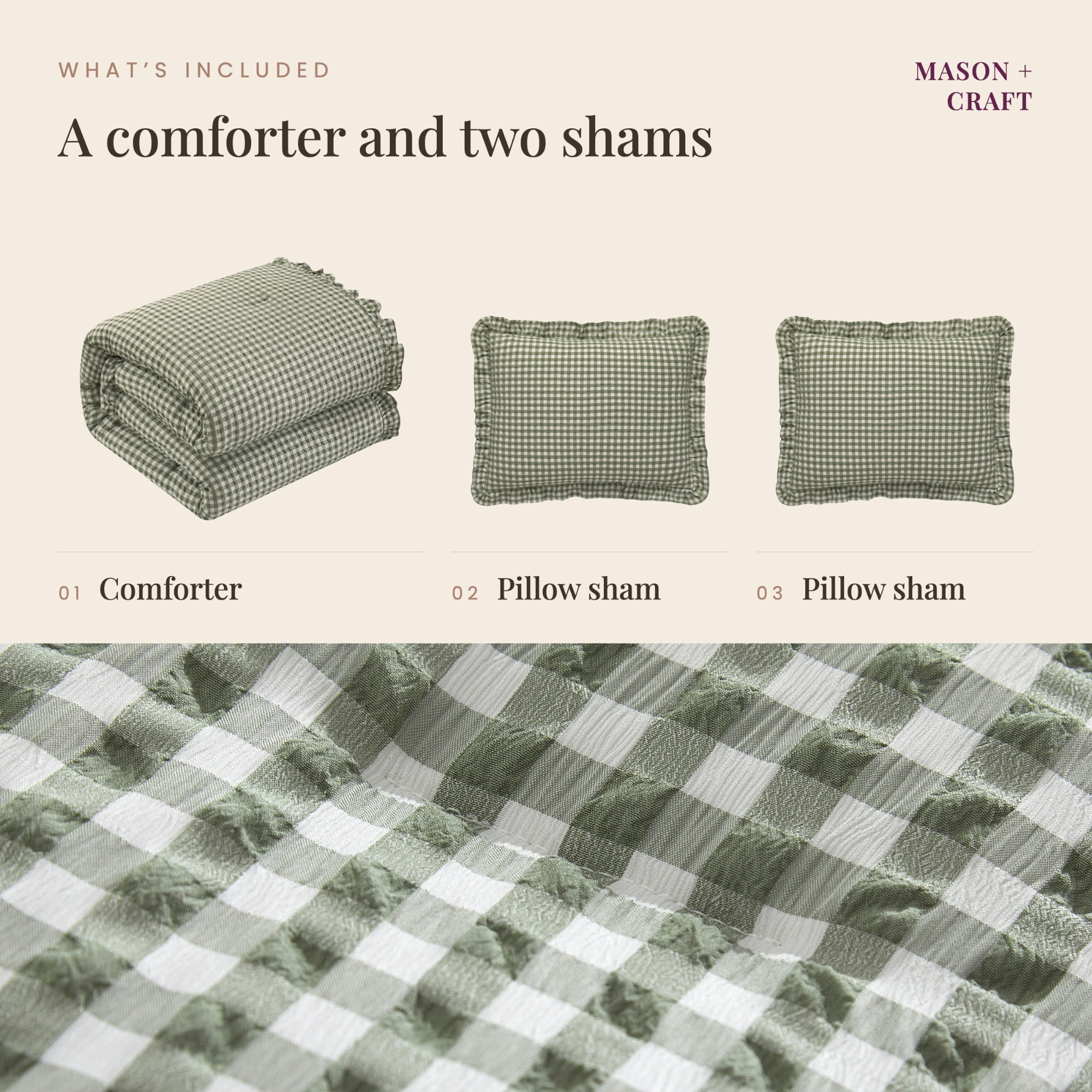 Mason & Craft 3 Piece Green Gingham Seersucker Comforter Set, King