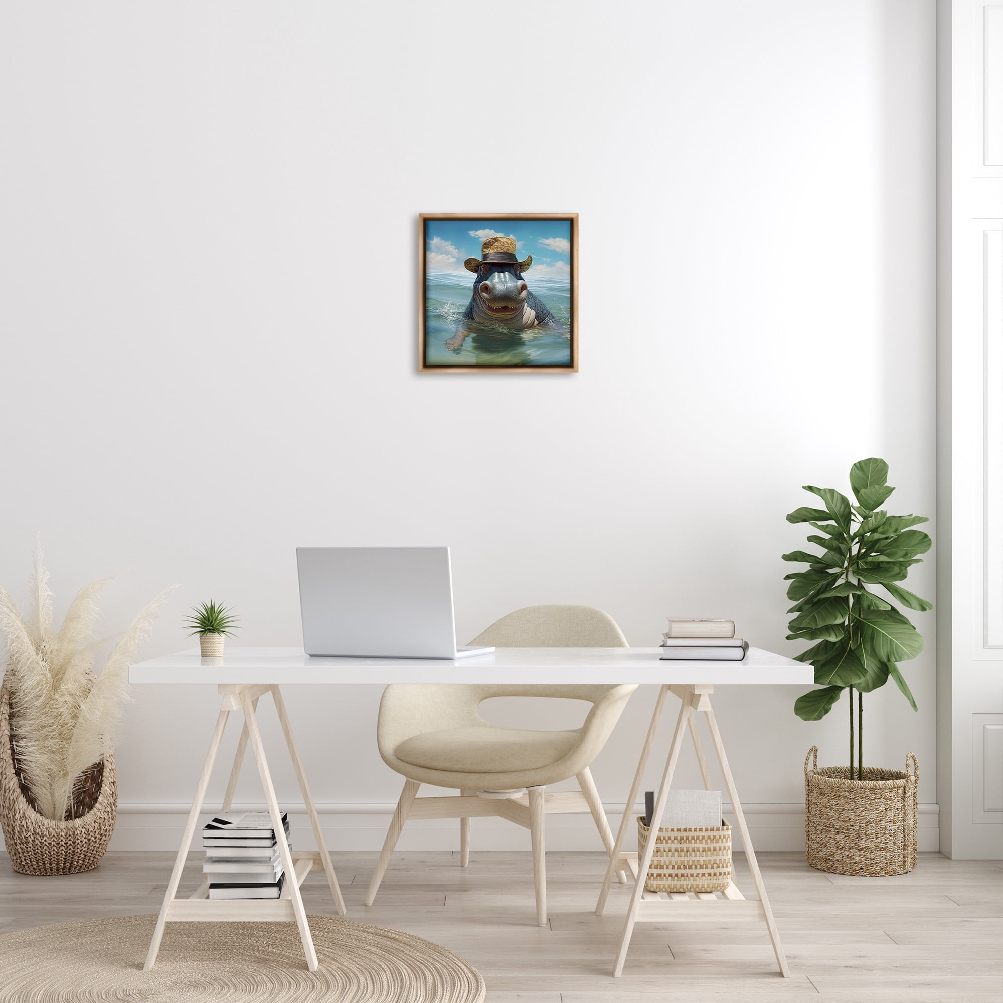 Stupell Industries Hippo with Trendy Hat Animals & Insects Painting Brown Floater Framed Canvas Art Print Wall Art, 18 x 18