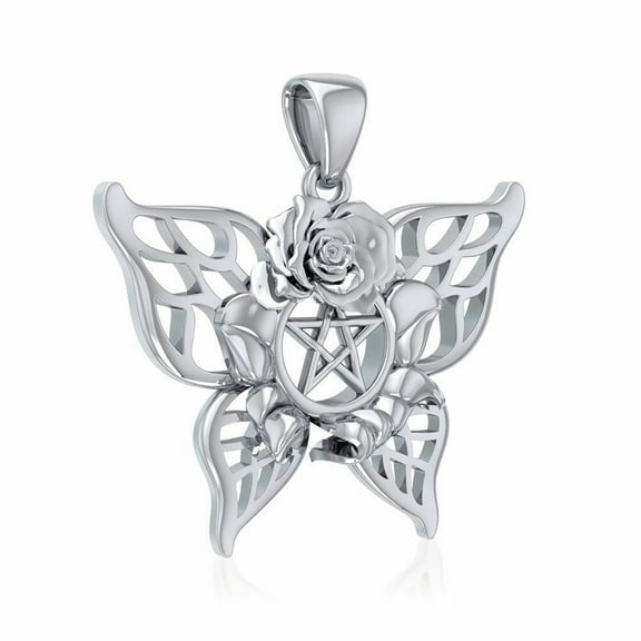 Butterfly Rose Pentacle 925 Sterling Silver Pendant Fine Pagan Wiccan Jewelry