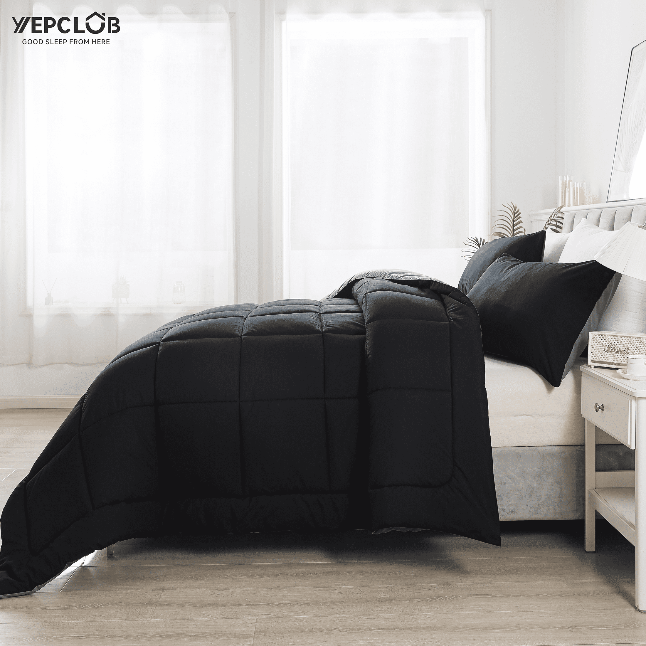 YEPCLUB 3-Piece King Size Comforter Set, Black and Gray Down Alternative Reversible Bedding Set, All-Season Quilted Soft Comforter with Pillowcases