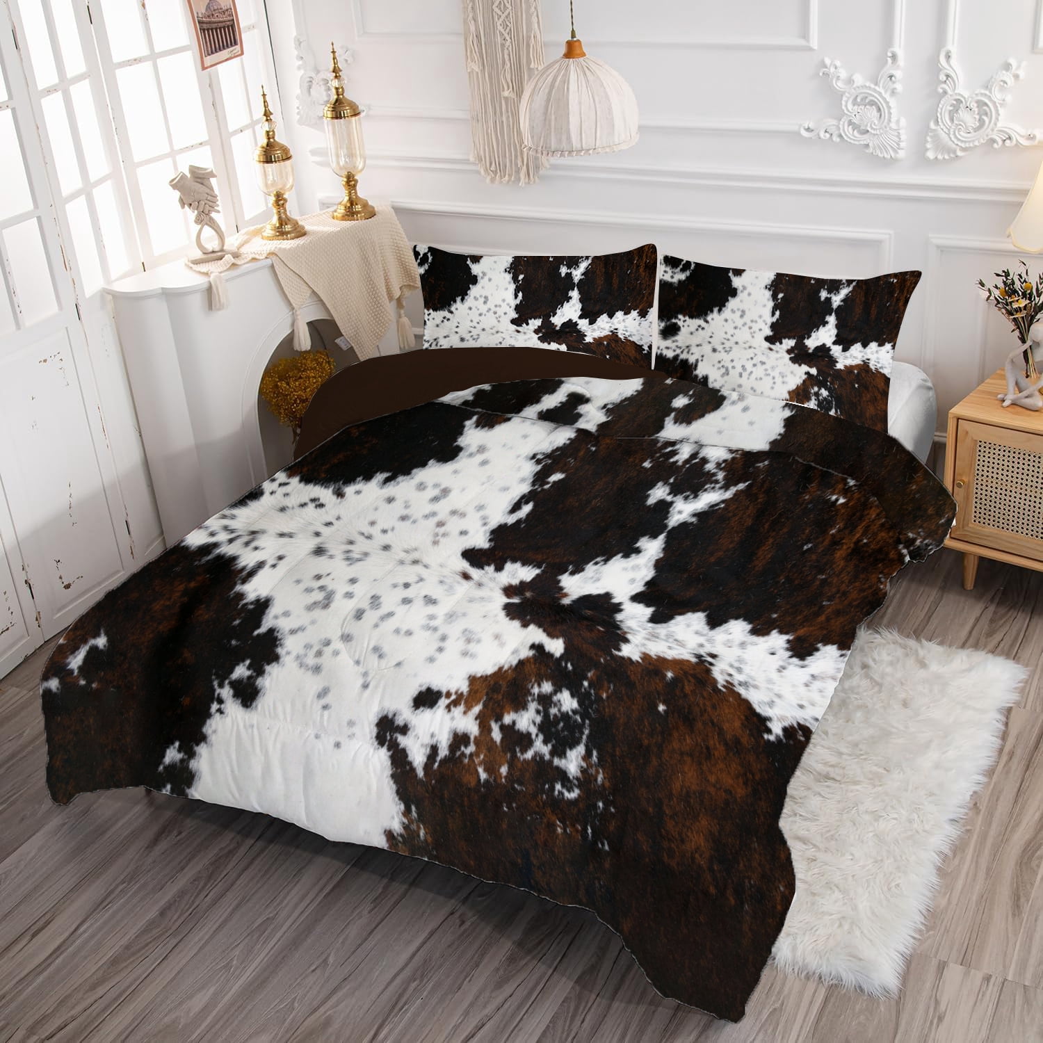 Psoiuetr Brown Rustic Cowhide Comforter Set Full 3 Pieces Black White Cow Skin Print Western Farmhouse Bedding Set
