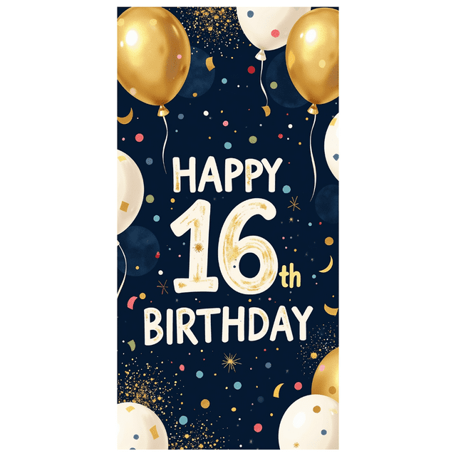 Blue Backdrop Happy 16th Birthday Banner with Balloons Stars and Hearts Party Decors Photography Props for Birthday Party Celebration Photo Booth Setup