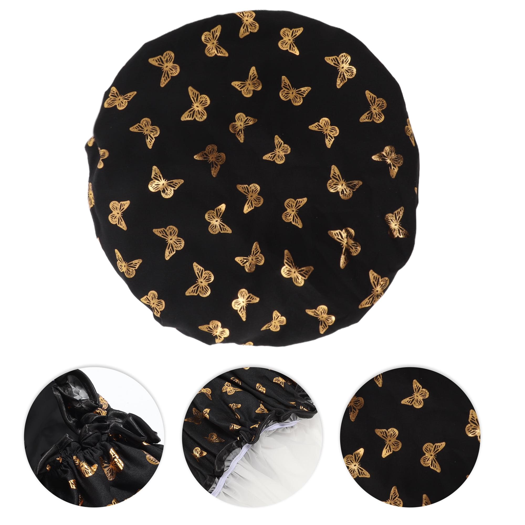 Unique Bargains Women Double Layer Gilded Butterfly Shower Cap 1 Pc Black