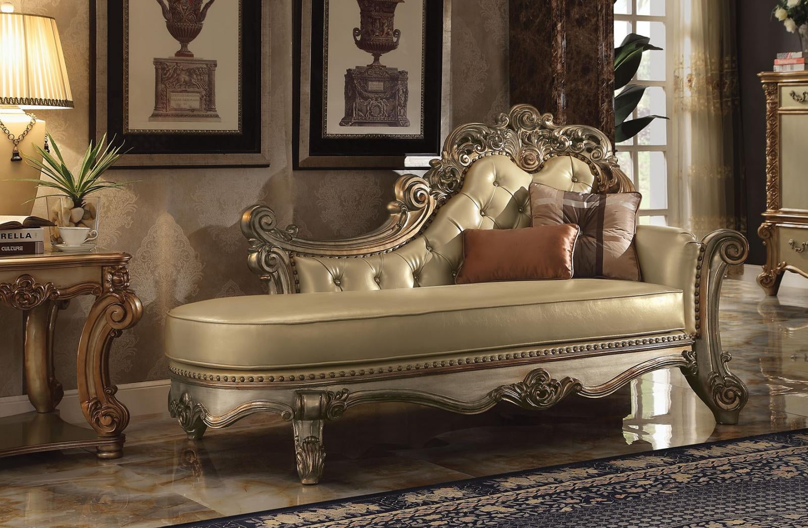 Acme Furniture 96485 Vendome Bone Gold Patina Tufted Chaise Lounge