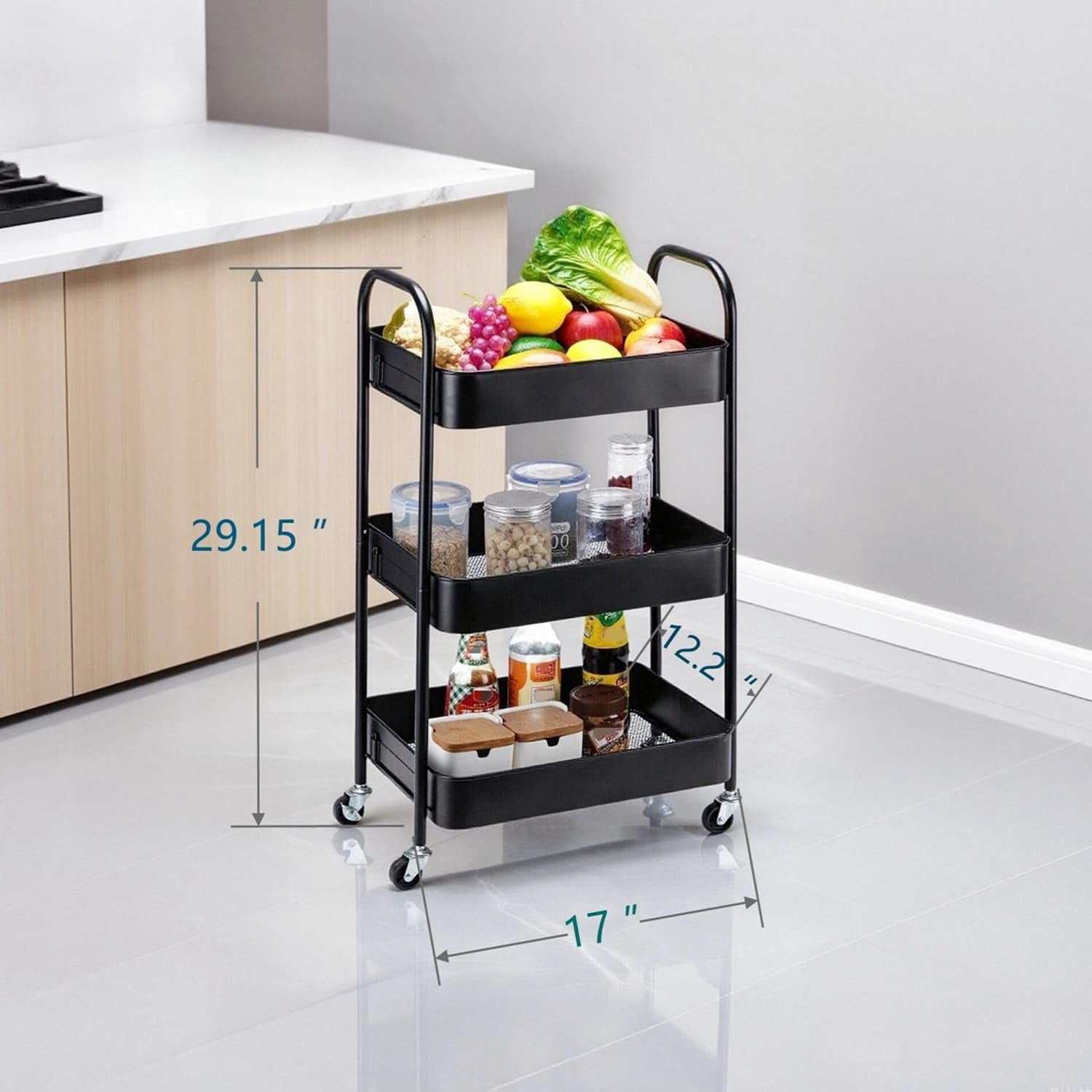 3 Tier Metal Rolling Cart with Wheels,Storage Organizer for Kitchen,Dorm,Bathroom,Classroom,17" D x 12" W x 29" H,Black