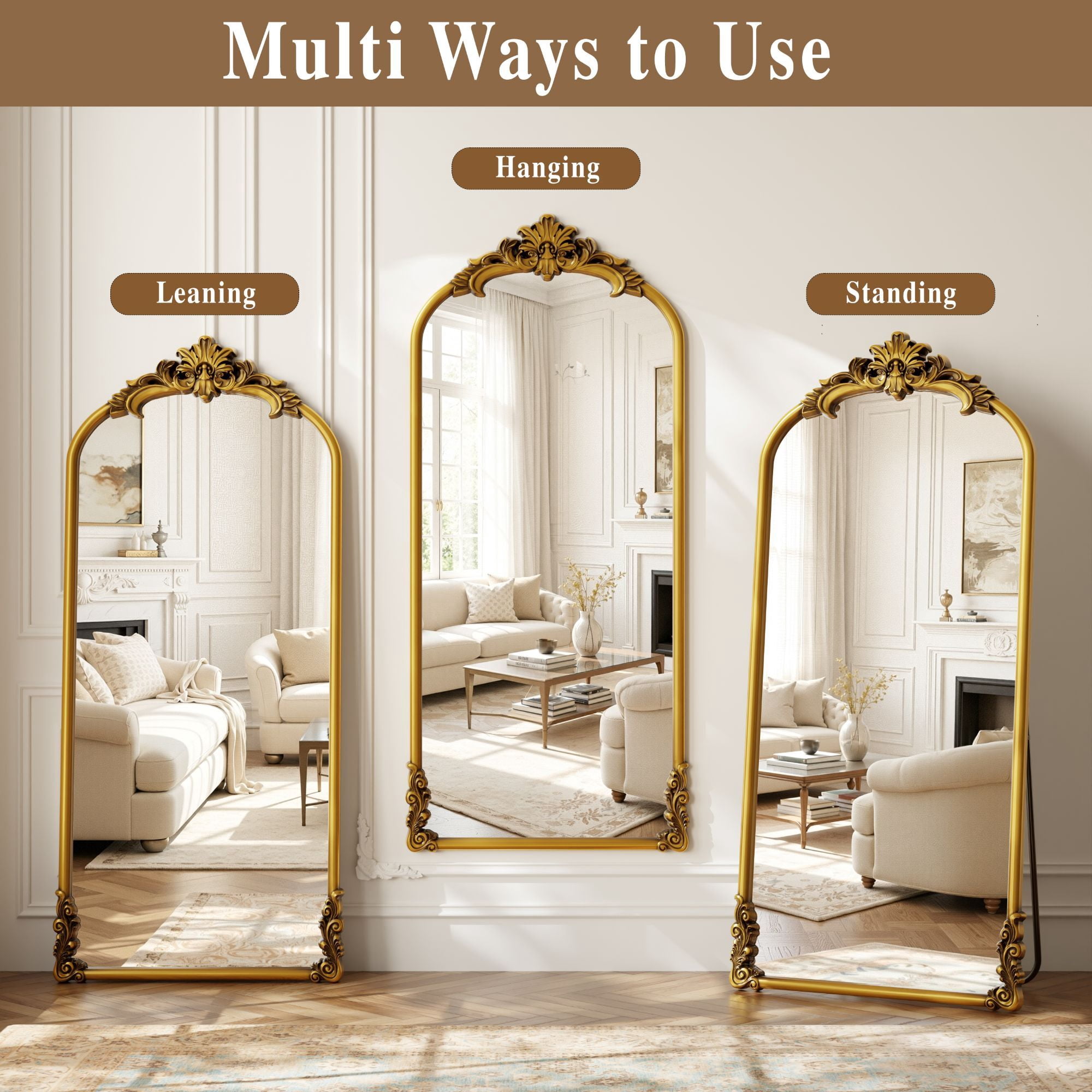 Easy4Home 69"x28" Arched Full-Length Floor Mirror Smooth Arch Top Floral Crest Standing Mirror, Bright Gold