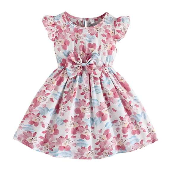 Gelikeya Girls Easter Dresses 5T Summer Western Style Bowknot Design Short Sleeved Small Floral Princess Style Casual Spring Dress(Toddlers, Pink, 4-5 Years)