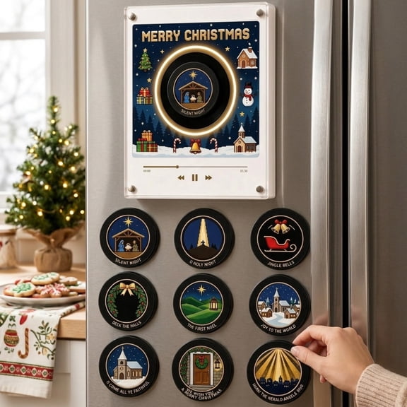 Christmas Fridge Magnet Music Player Set with 9 Vinyl Style Discs and USB C, Christmas Vinyl Player Fridge Record NFC Magnetic Music Box Set, 128MB Built In Storage, Led Acrylic Frame