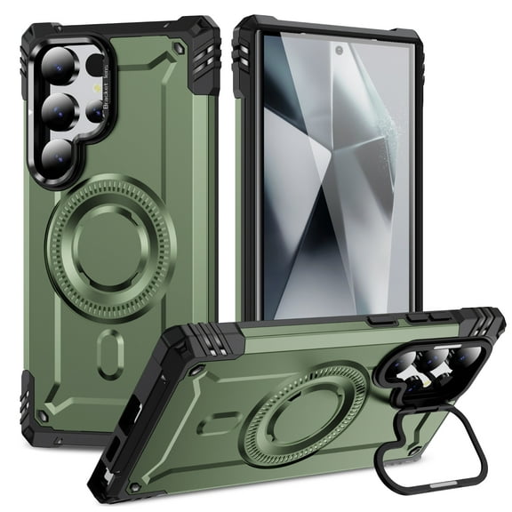 for Samsung Galaxy S25 Ultra Case Magnetic with Camera Ring Kickstand, Slim Shockproof Military Protecive Wireless Charging Phone Cover Case Compatible with Samsung Galaxy S25 Ultra, Armygreen