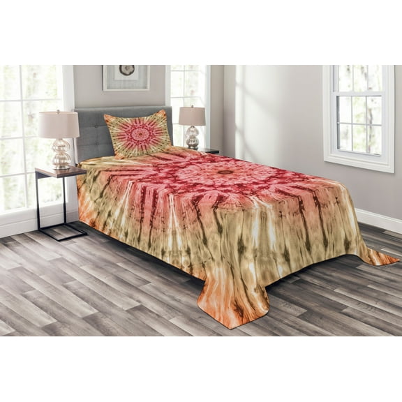 Ambesonne Batik Quilted Bedspread Set 2 Pcs, Batik Hippie Red Brown, Twin Size, Red Brown