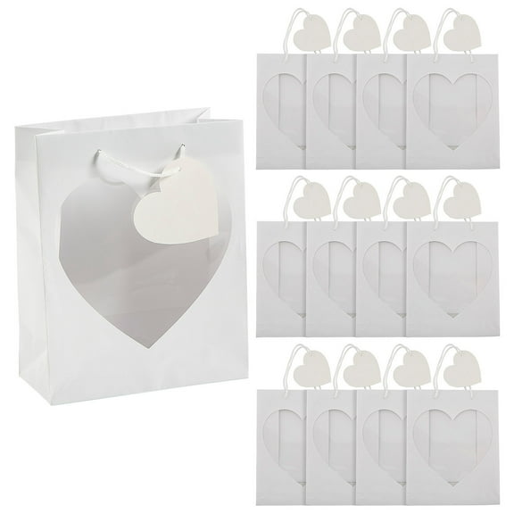 7 1/2" x 9" Medium White Paper Gift Bags with Heart Window and Tag - 12 Pieces