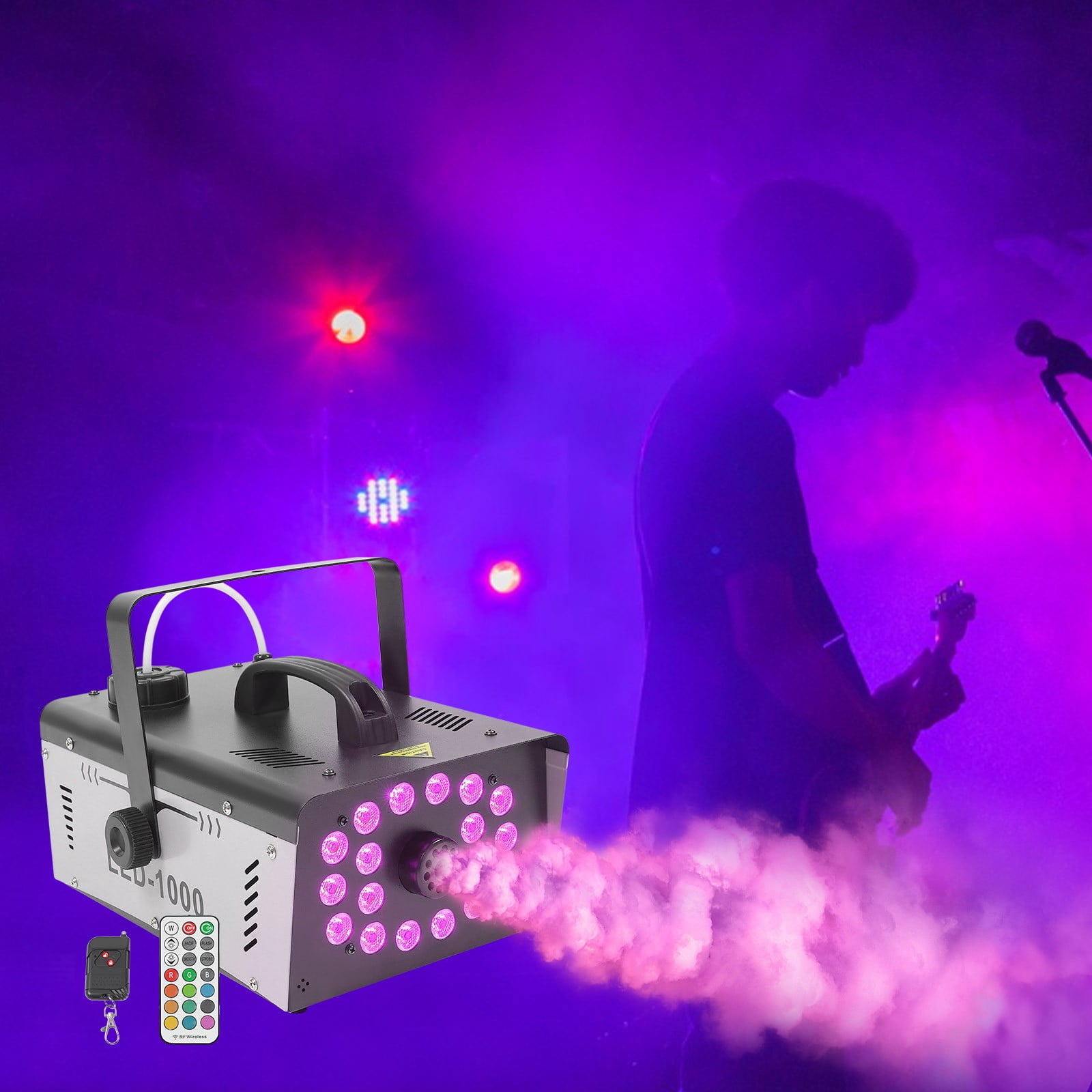 Fog Machine 1000W with 18 RGB LED Lights, Smoke Machine with Dual Remote Control (Fog + Light), 13 Colors 4 Modes, 1L Tank Fast Heat-Up, Overheat Protection for Halloween Parties, Weddings, DJ Stages