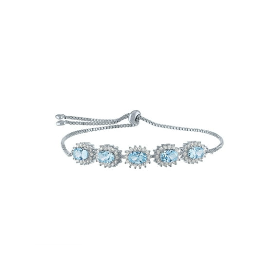 Ladies Brilliance Fine Jewelry Sterling Silver Plated Simulated Blue Topaz and CZ Adjustable Bracelet