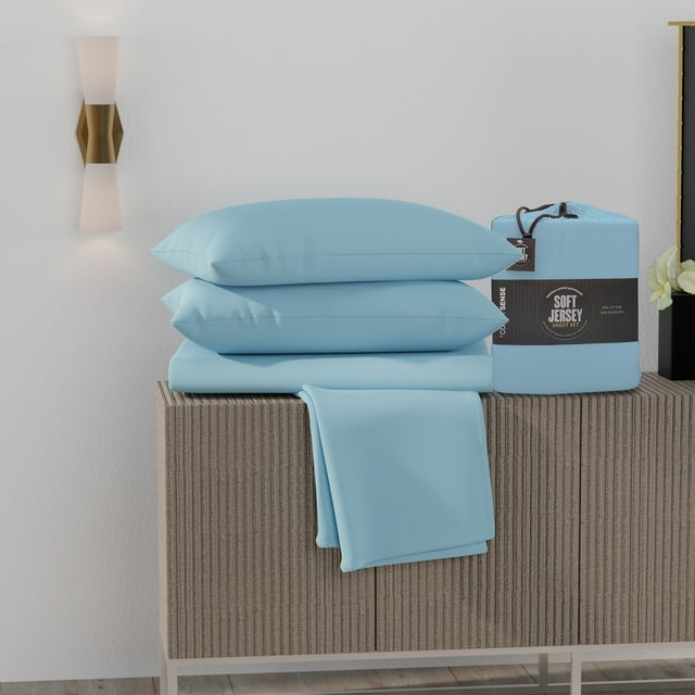 Super-Soft & Cozy Knitted Jersey Sheet Set, Twin, Sky Blue by Color Sense