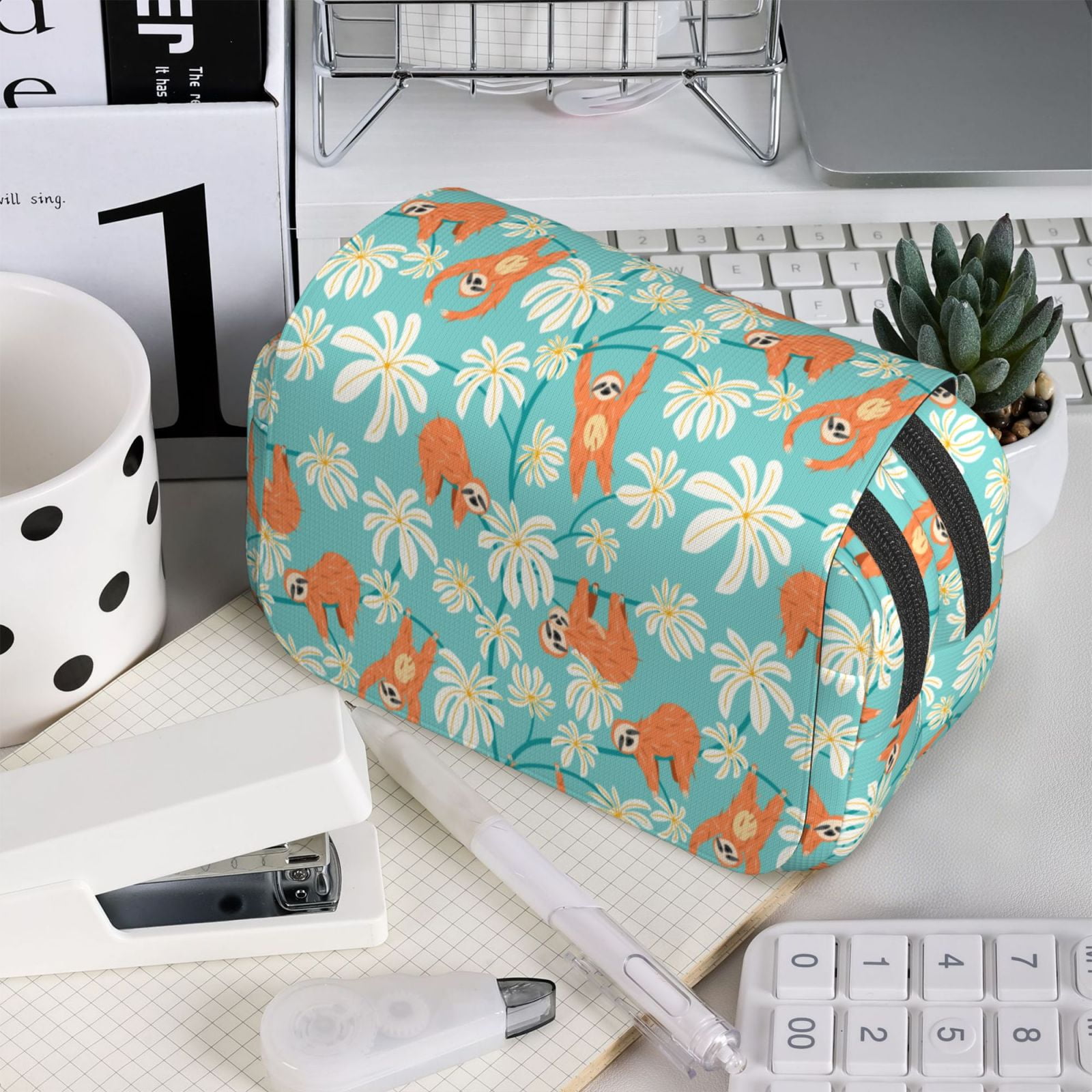 Rateoe Cute Sloth on Floral Tree Pattern Double Clamshell Pen Case, Storage Organizer with Two Zipper Compartments– Holds Up to 50 Pencils & Pens