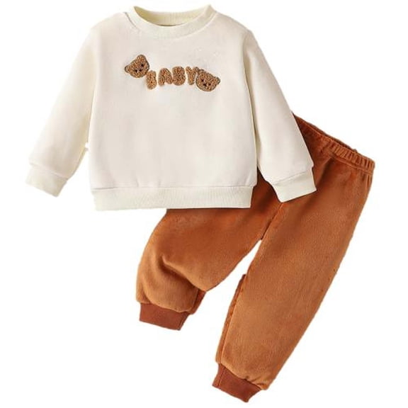Zwiiyzr Baby Boys Girls 2 Piece Winter Outfit Fleece Lined Bear Pullover Crewneck Sweatshirt and Sweatpants Clothing Sets Long Sleeve Tracksuits 9M-3T Beige