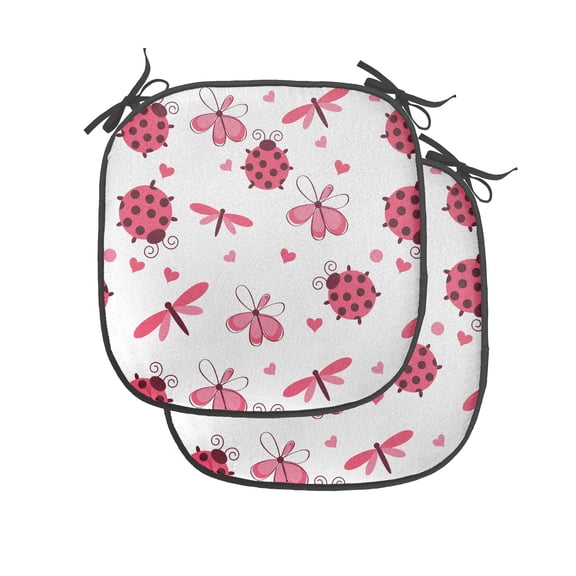 Ladybugs Chair Seating Cushion Set of 4, Domed Back Round Ladybugs with Hearts Flowers Dragonflies Romantic Wings Pattern, Seat Pads for Office with Anti-slip Backing, 16"x16", Red White, by Ambesonne