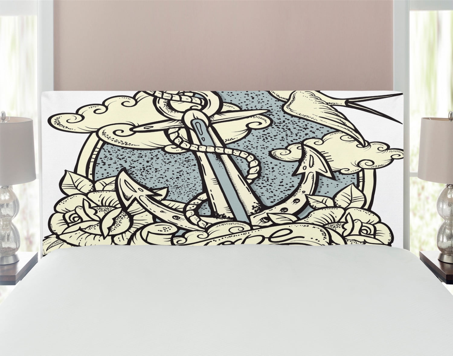 Anchor Headboard, Anchor and Roses Antique Monochrome Clouds Bird Wings