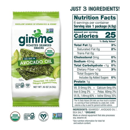 UNKNOWN GIMME ROASTED SEA SALT & AVOCADO OIL SEAWEED SNACKS VALUE PACK 6 – 0.16 OZ TRAYS