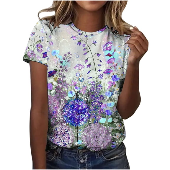 Otvok Womens Summer Tops Regular Casual Short Sleeve Flower Print Round Neck Pullover Blouse